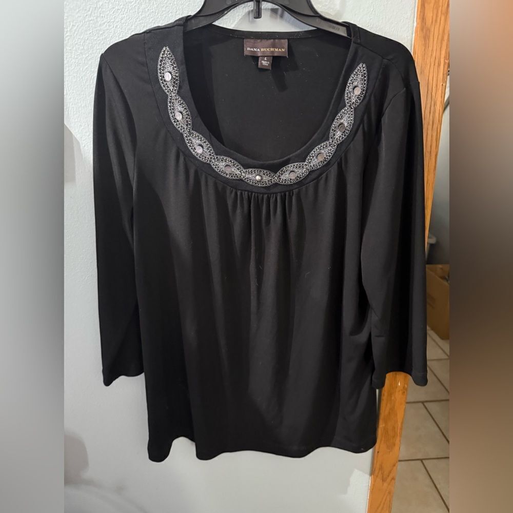 Dana Buchman Beaded Embellished Scoop Neck Black Dress Top Women's L - Picture 2 of 3
